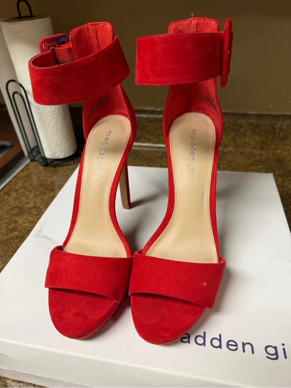 Madden Girl Red Suede Ankle Strap Open-Toe Heels
